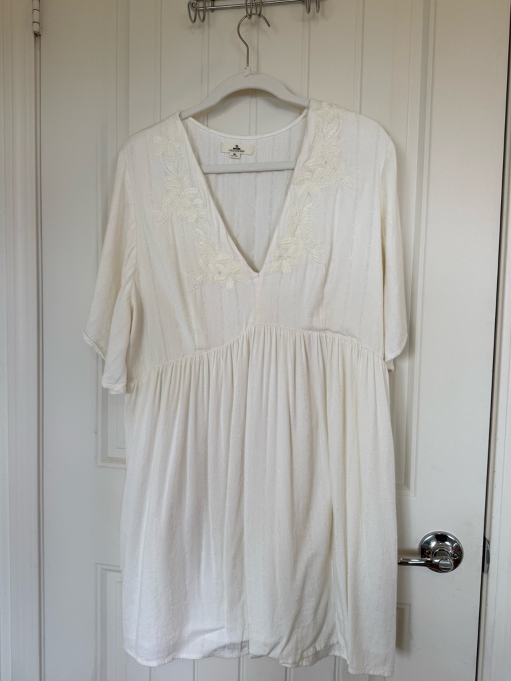 White V-Neck Embroidered Babydoll Dress